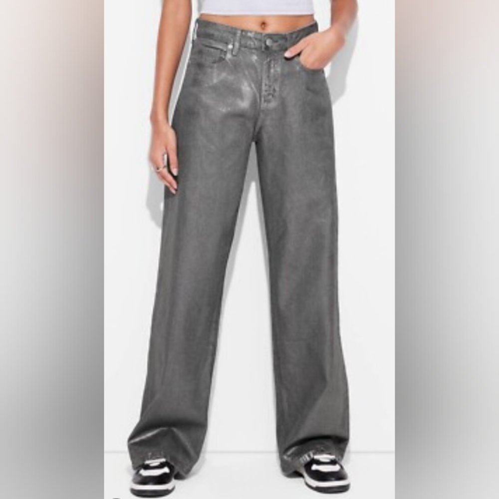 Silver High-Rise Baggy Jeans in Metallic Gray/Silver Sz 16 NWT
